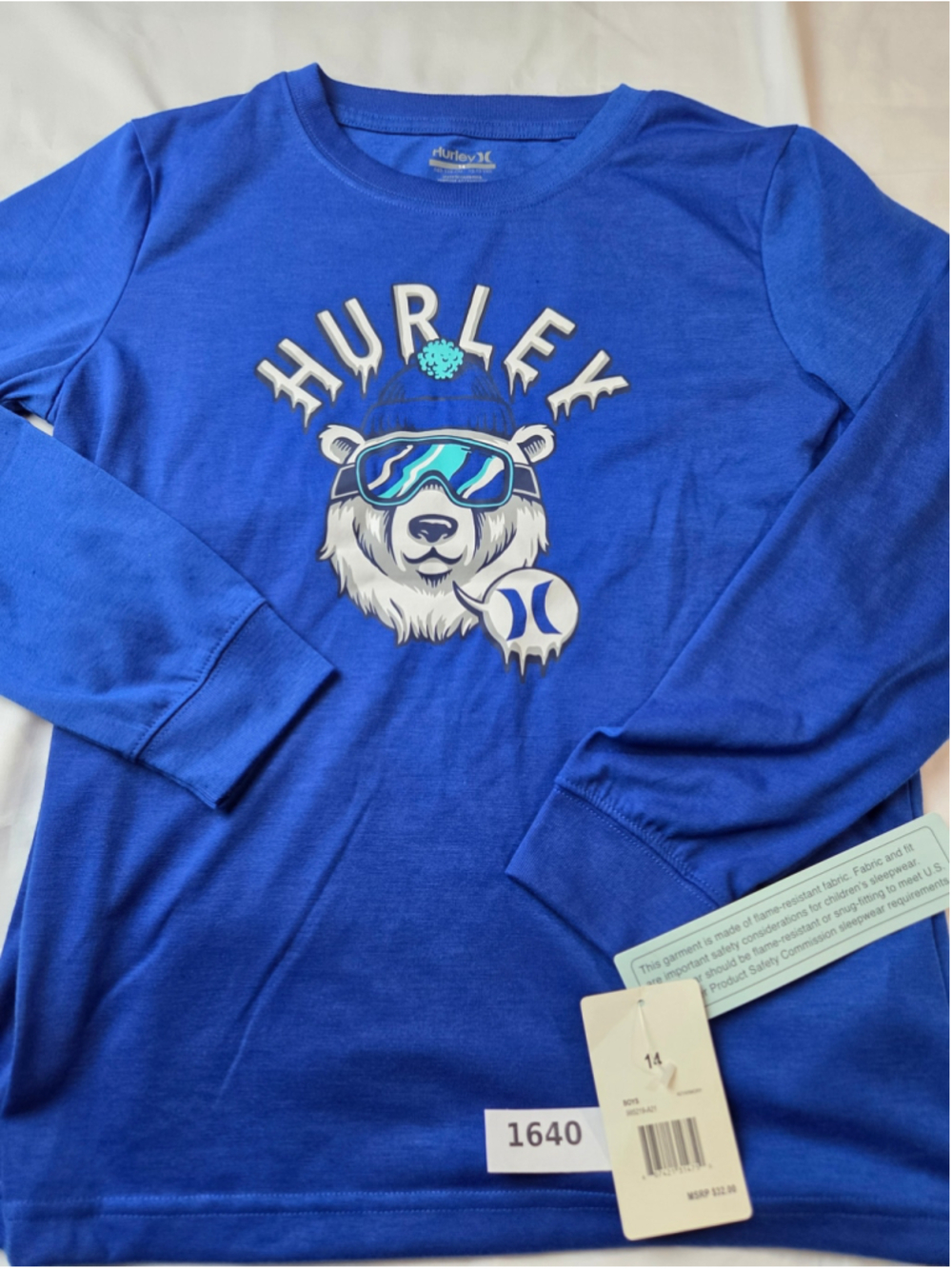 Boys Hurley Long Sleeve Graphic Tee, Size 14, Blue and White #1640
